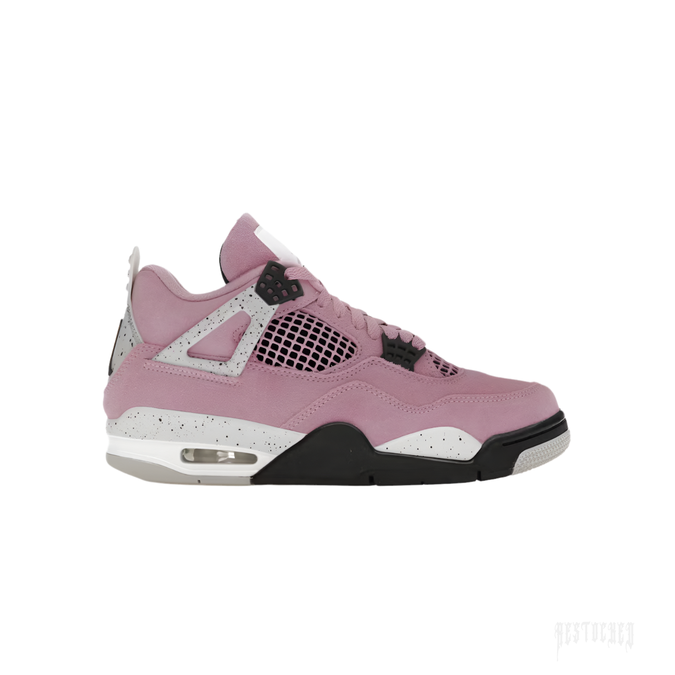 JORDAN 4 RETRO ORCHID women's sneaker, featuring a dusty pink suede upper, black and white speckled midsole, and visible air unit.