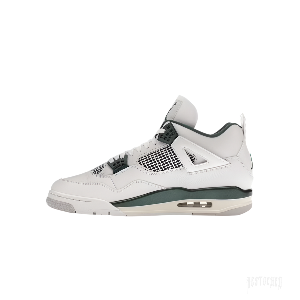 JORDAN 4 RETRO Oxidized Green sneaker, white leather upper with dark green accents and mesh panels.