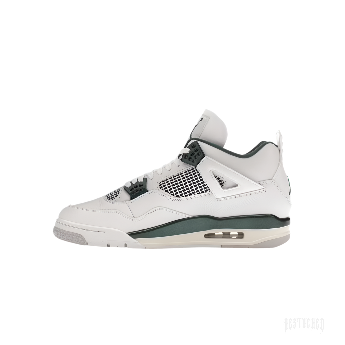 JORDAN 4 RETRO Oxidized Green sneaker, white leather upper with dark green accents and mesh panels.