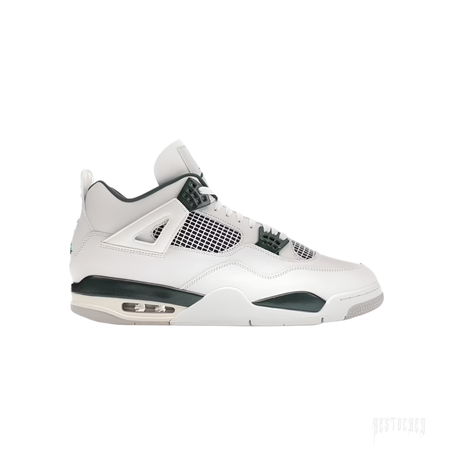 JORDAN 4 RETRO OXIDIZED GREEN sneaker, white leather upper with dark green accents and mesh panels.