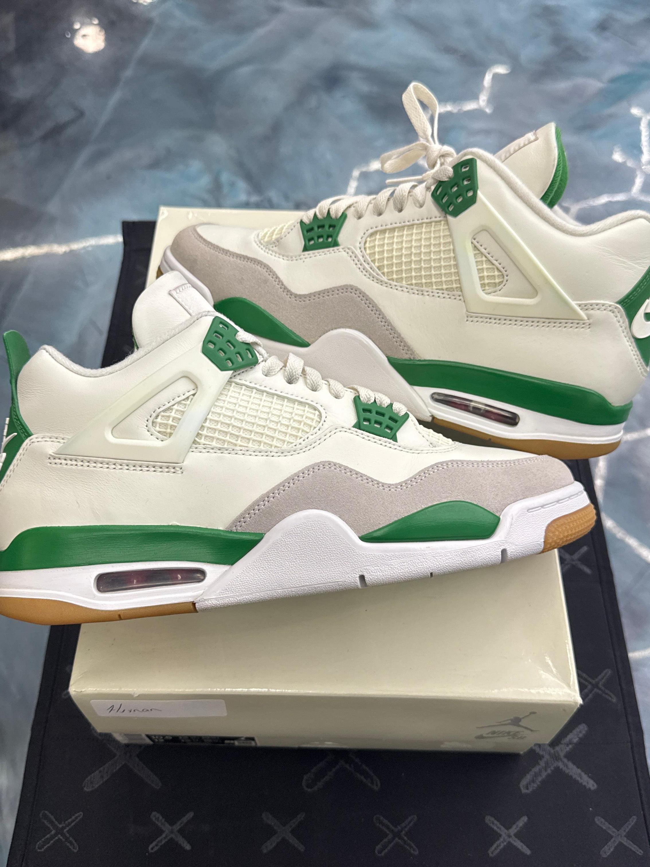 Pre-owned Jordan 4 Retro Pine Green sneakers, size 10.5, featuring white leather, grey suede, and green accents.