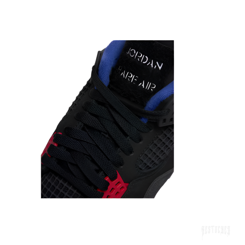 JORDAN 4 RETRO RARE AIR sneaker, black leather with red accents, blue lining, and "JORDAN RARE AIR" tongue tag.