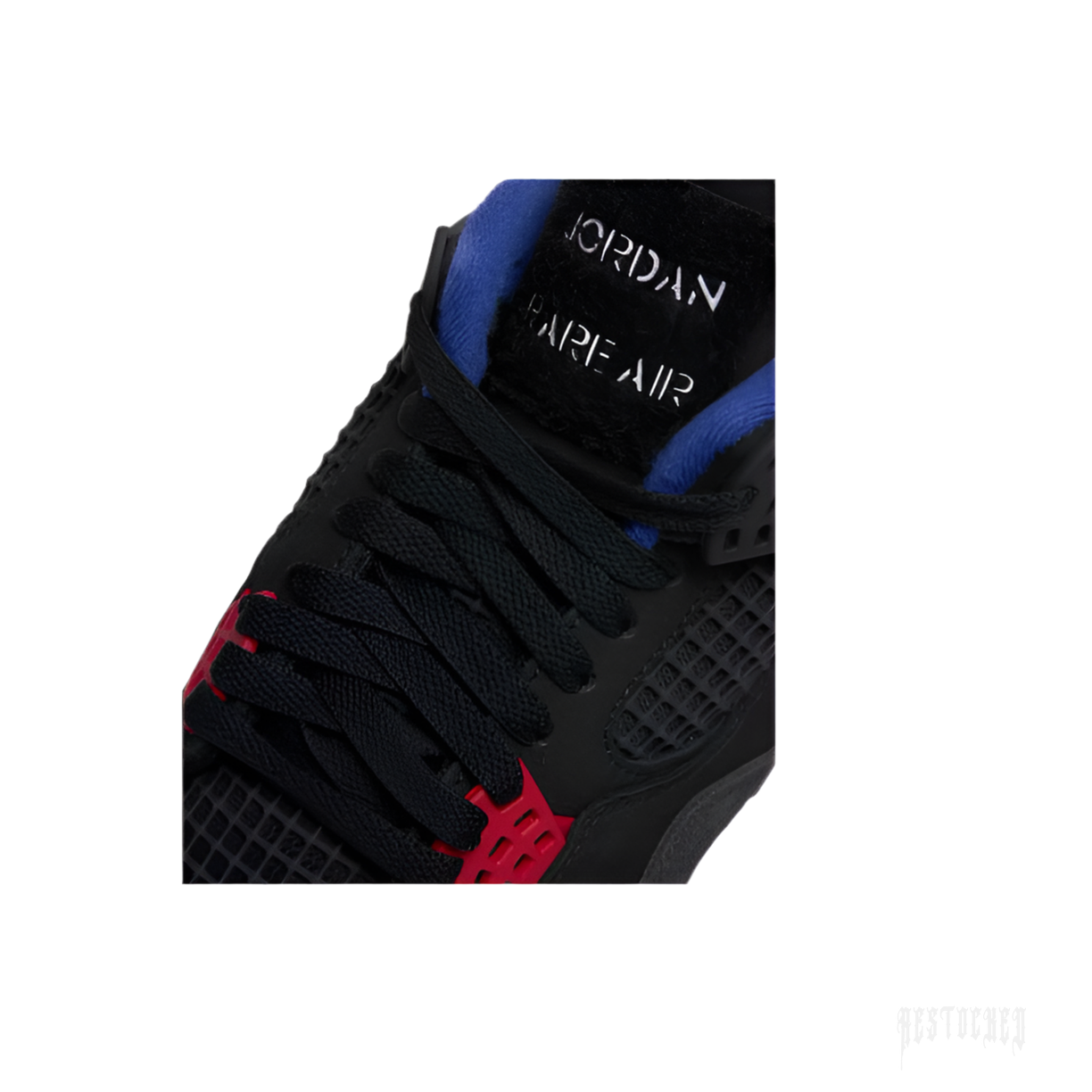 JORDAN 4 RETRO RARE AIR sneaker, black leather with red accents, blue lining, and "JORDAN RARE AIR" tongue tag.