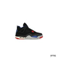 JORDAN 4 RETRO RARE AIR (GS) black, grey, red, and blue sneaker with visible air unit.