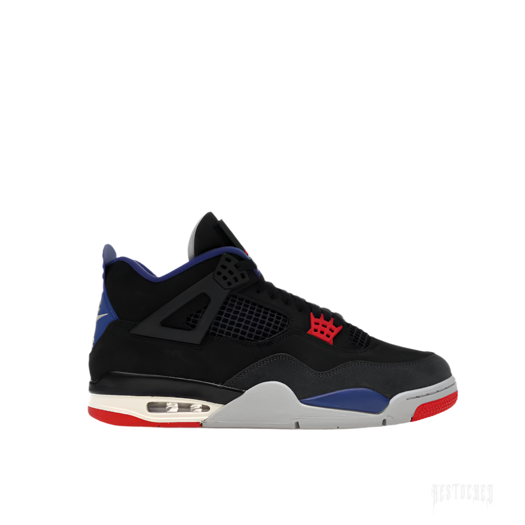 JORDAN 4 RETRO RARE AIR sneaker in black suede with red, blue, and grey accents.