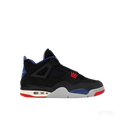 JORDAN 4 RETRO RARE AIR sneaker in black suede with red, blue, and grey accents.