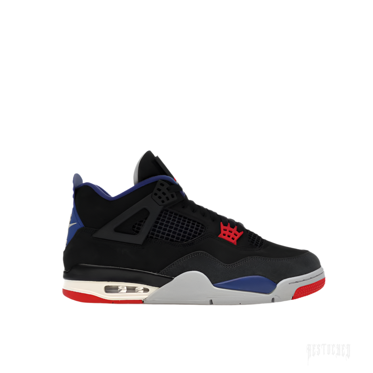 JORDAN 4 RETRO RARE AIR sneaker in black suede with red, blue, and grey accents.