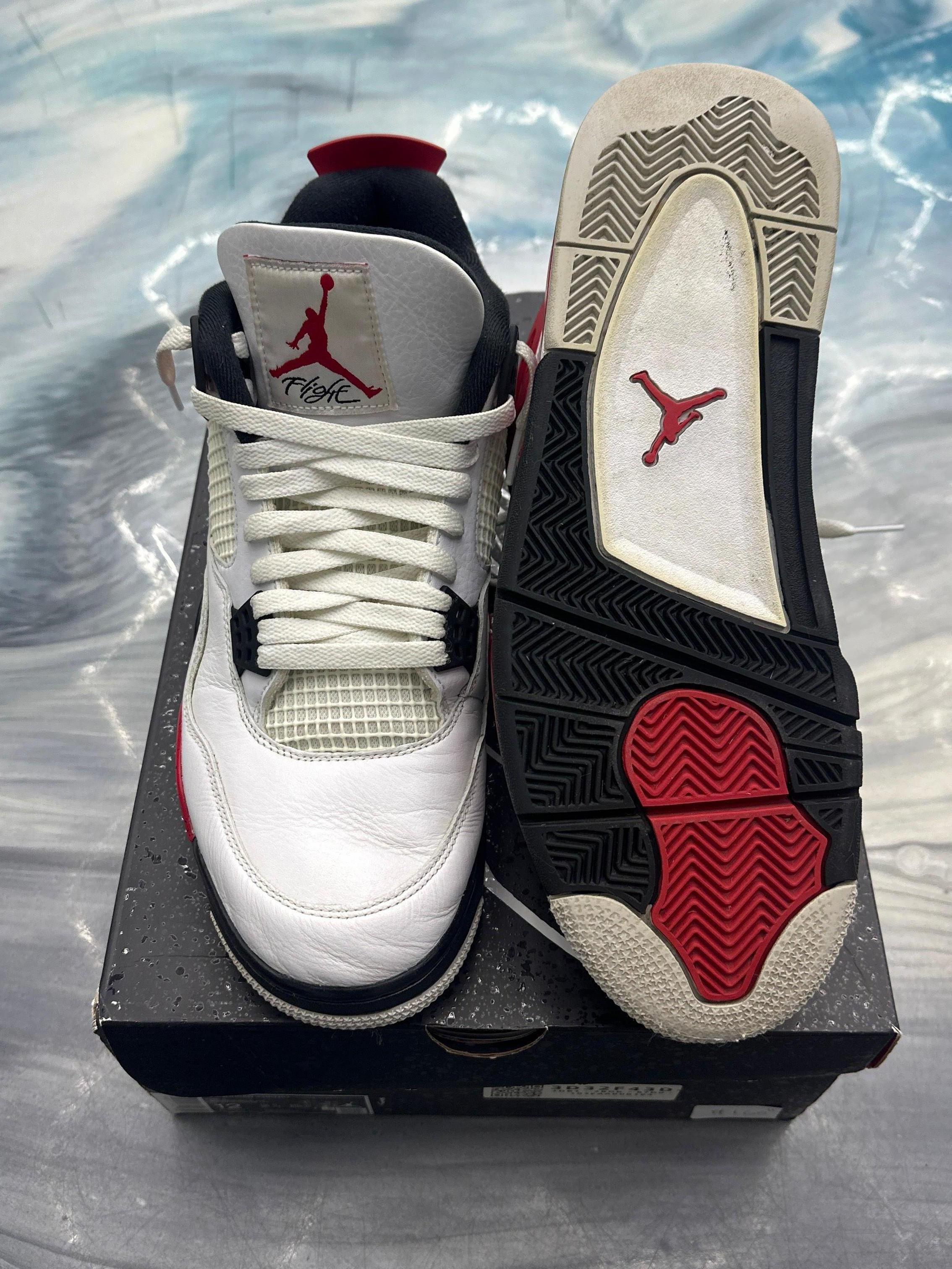 Pre-owned Jordan 4 Retro Red Cement size 12 sneakers, white leather with red and black accents.