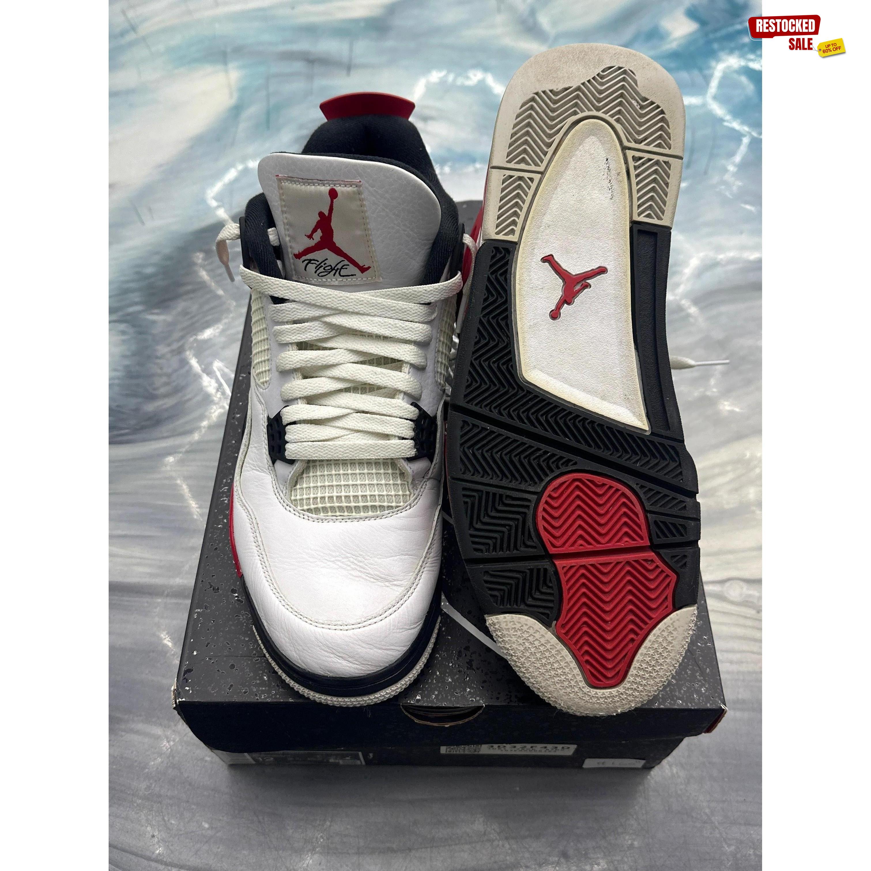 Pre-owned Jordan 4 Retro Red Cement size 12 sneakers, white leather with red and black accents.