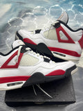 JORDAN 4 RETRO RED CEMENT pre-owned size 12 sneakers, white leather with red and black accents.