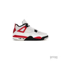 JORDAN 4 RETRO RED CEMENT sneaker with white leather, Fire Red accents, black speckled detailing.