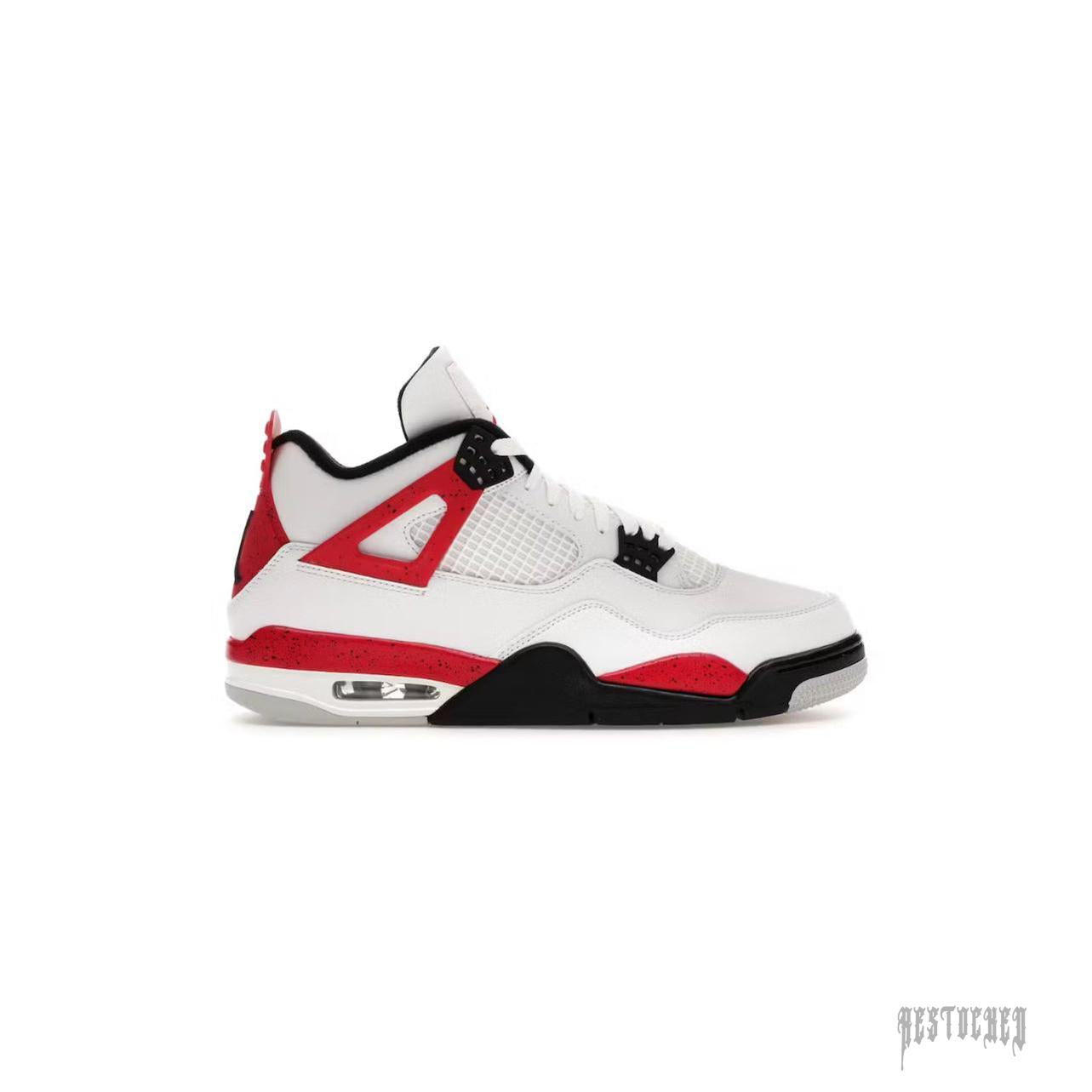 JORDAN 4 RETRO RED CEMENT sneaker with white leather, Fire Red accents, black speckled detailing.