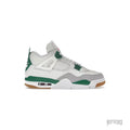 JORDAN 4 RETRO SB PINE GREEN sneaker, white leather, green accents, grey suede, and gum sole.