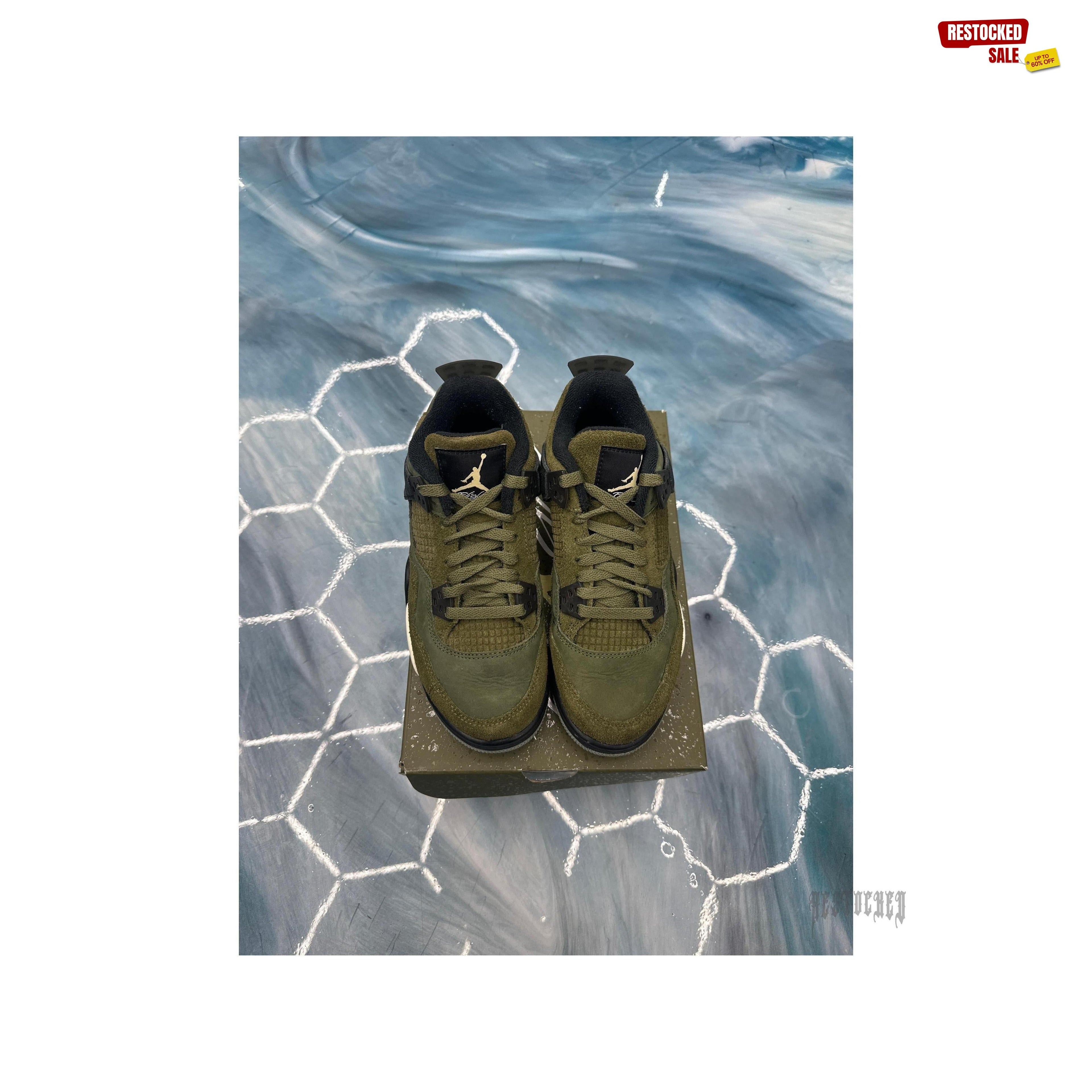 JORDAN 4 RETRO SE CRAFT MEDIUM OLIVE (GS) PRE OWNED SIZE 6Y sneakers, top-down view.
