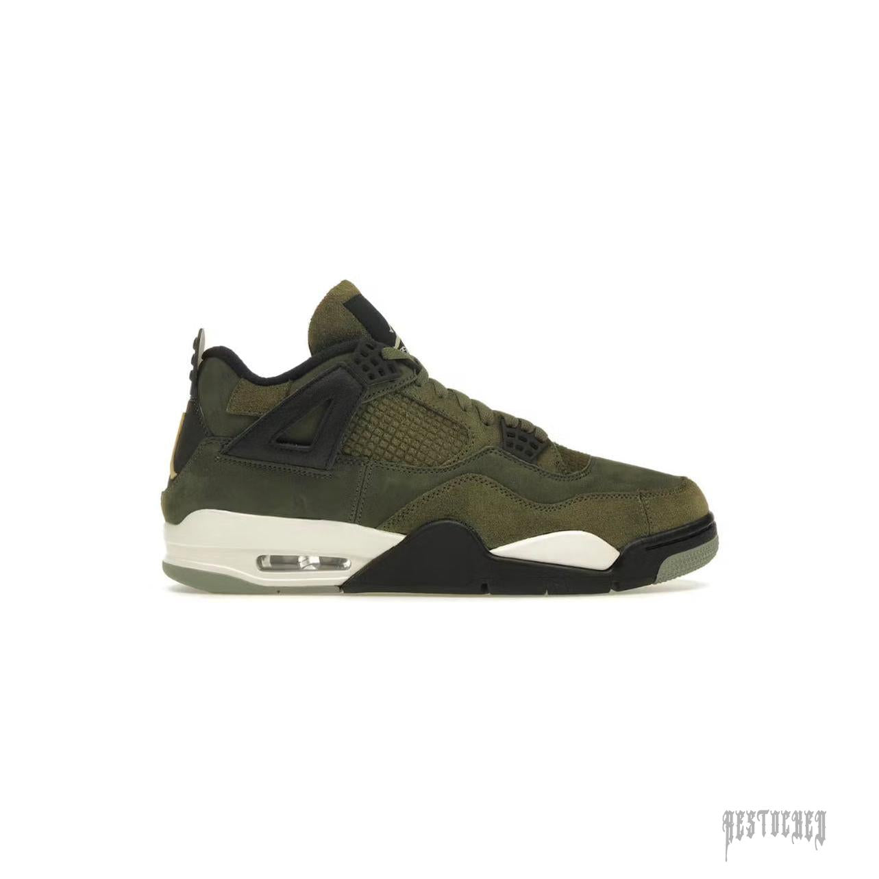 JORDAN 4 RETRO SE CRAFT MEDIUM OLIVE sneaker, featuring olive nubuck and suede, black accents, and a cream Jumpman.
