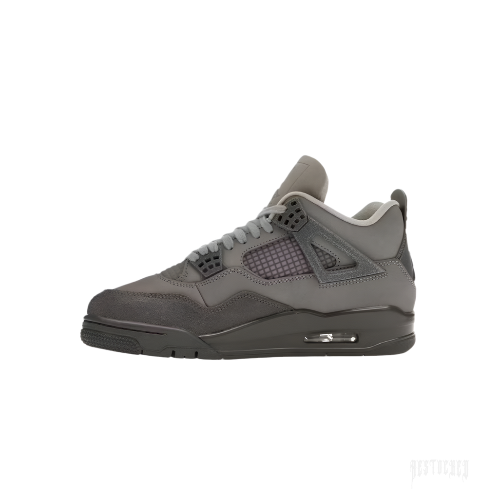 Jordan 4 Retro SE Paris Olympics Wet Cement sneaker, dark gray suede and leather, side view.