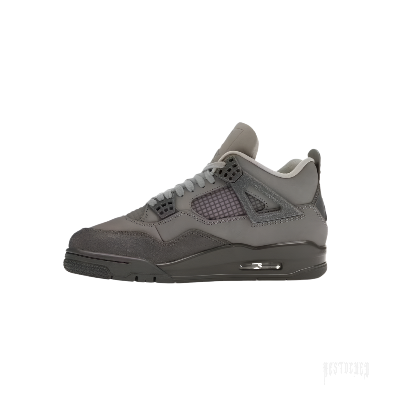 Jordan 4 Retro SE Paris Olympics Wet Cement sneaker, dark gray suede and leather, side view.