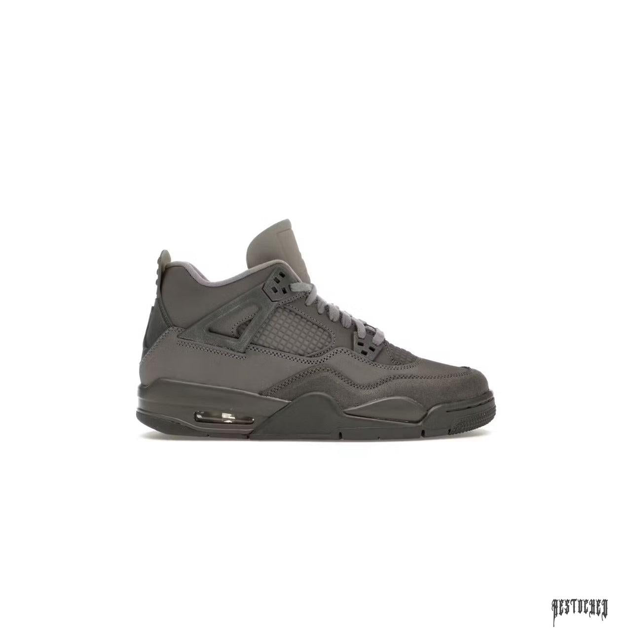 JORDAN 4 RETRO SE PARIS OLYMPICS WET CEMENT (GS) sneaker, dark gray suede and leather, side view.