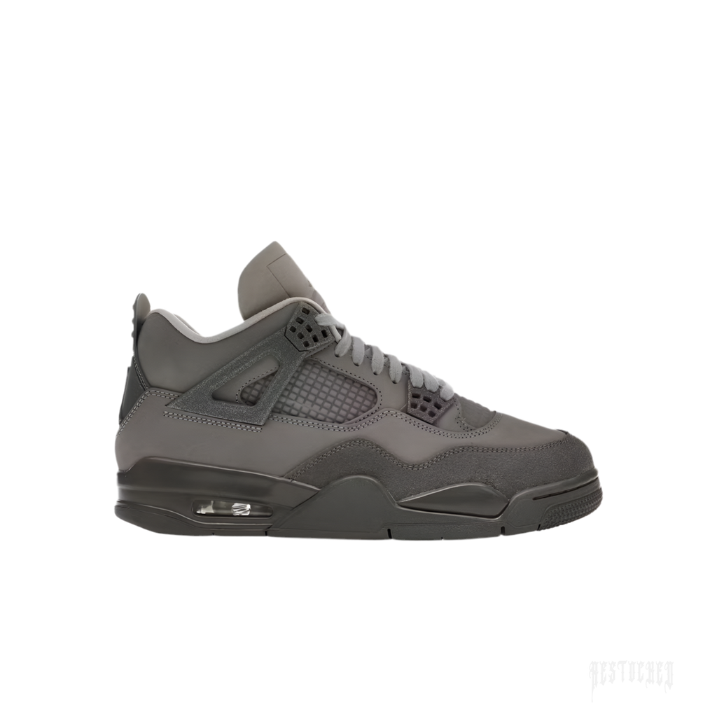 JORDAN 4 Retro SE Paris Olympics Wet Cement sneaker, dark gray with mesh panels and visible air unit.