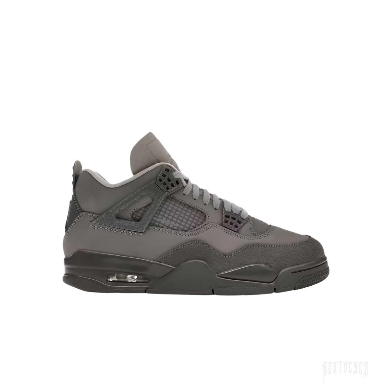 JORDAN 4 Retro SE Paris Olympics Wet Cement sneaker, dark gray with mesh panels and visible air unit.