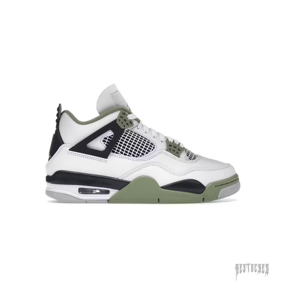 JORDAN 4 RETRO SEAFOAM (WOMENS) white leather sneaker with black, seafoam green, and grey accents.