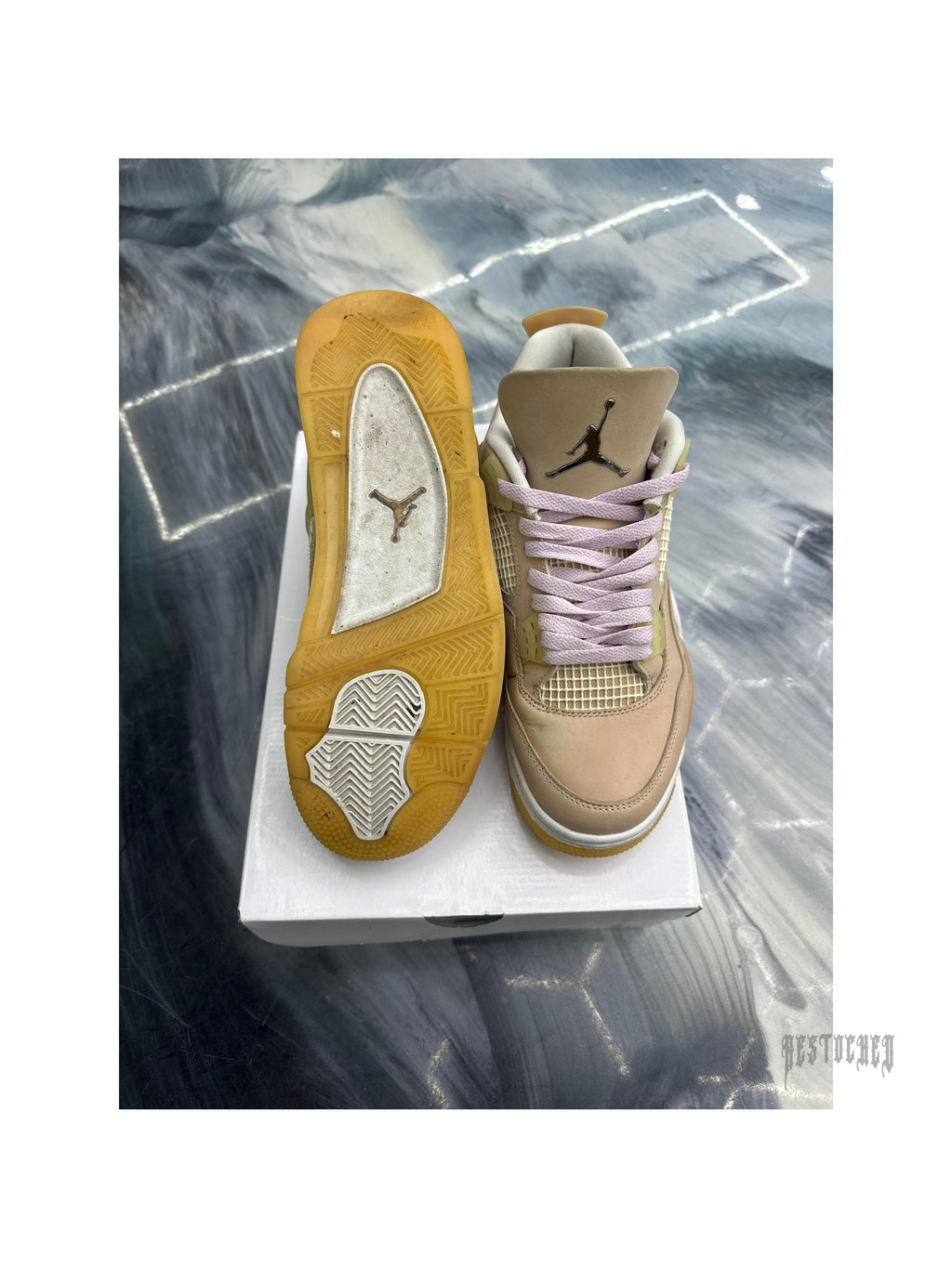 Pre-owned Jordan 4 Retro Shimmer sneakers, size 10W/8.5M, showing tan leather, pink laces, and worn soles.