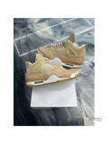 JORDAN 4 Retro Shimmer pre-owned sneakers in tan leather with mesh, pink laces, and white soles.