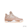 JORDAN 4 RETRO SHIMMER (WOMEN'S) sneaker, light tan nubuck with metallic bronze accents and white sole.