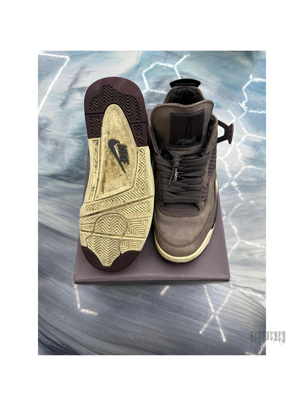 Pre-owned Jordan 4 Retro SP A Ma Maniere Violet Ore sneakers, size 7.5, with visible sole wear.