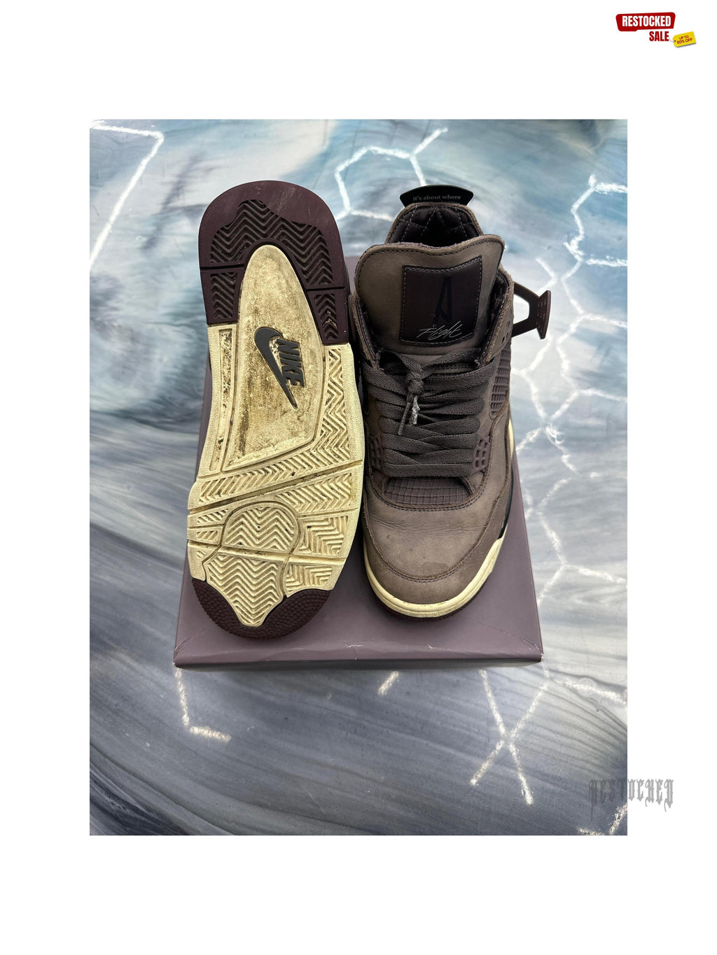 Pre-owned Jordan 4 Retro SP A Ma Maniere Violet Ore sneakers, size 7.5, with visible sole wear.