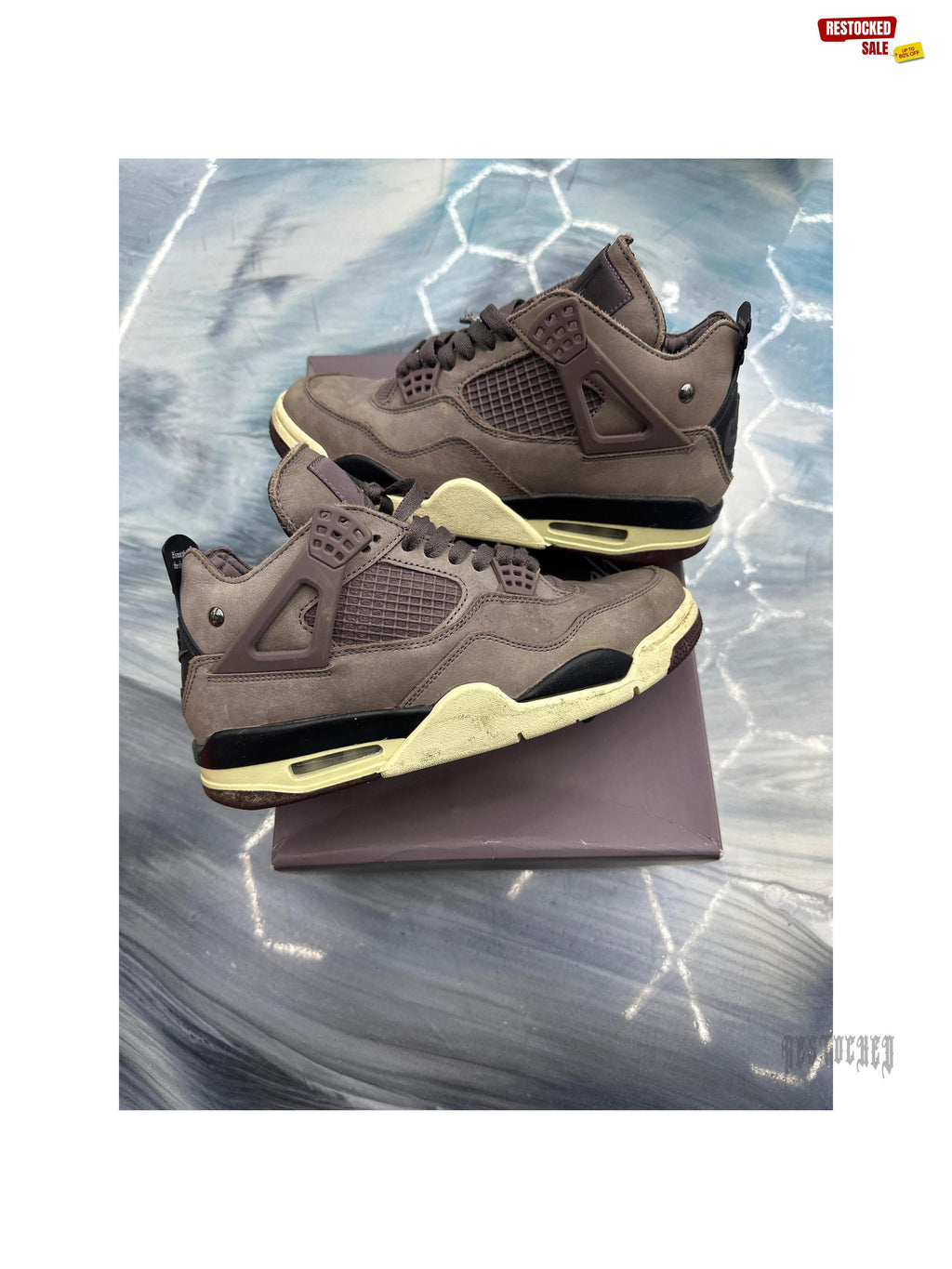 Pre-owned Jordan 4 Retro SP A Ma Maniere Violet Ore sneakers, size 7.5, with cream soles.