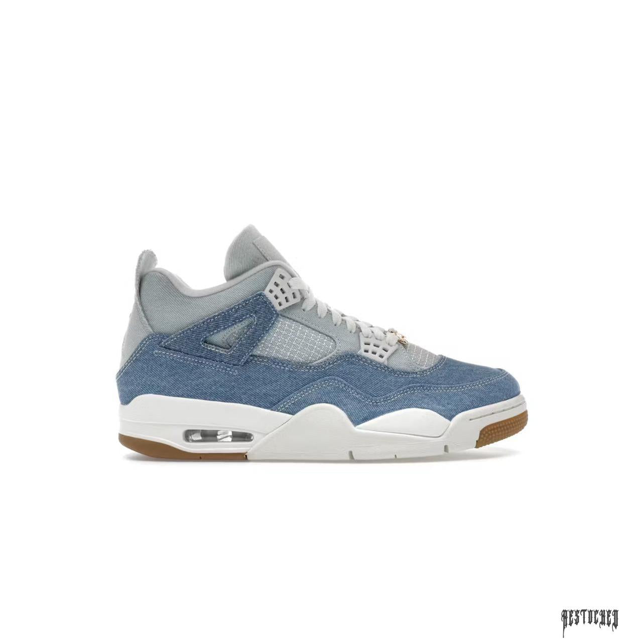 JORDAN 4 RETRO TEX DENIM WORN BLUE (WOMENS) sneaker, side view, with light blue denim and grey accents.