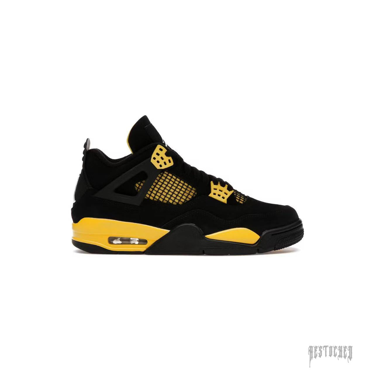 JORDAN 4 RETRO THUNDER (2023) black and yellow sneaker with mesh panels and visible air unit.
