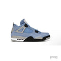 JORDAN 4 RETRO UNIVERSITY BLUE sneaker, light blue suede with speckled grey accents, black sole, and visible air unit.