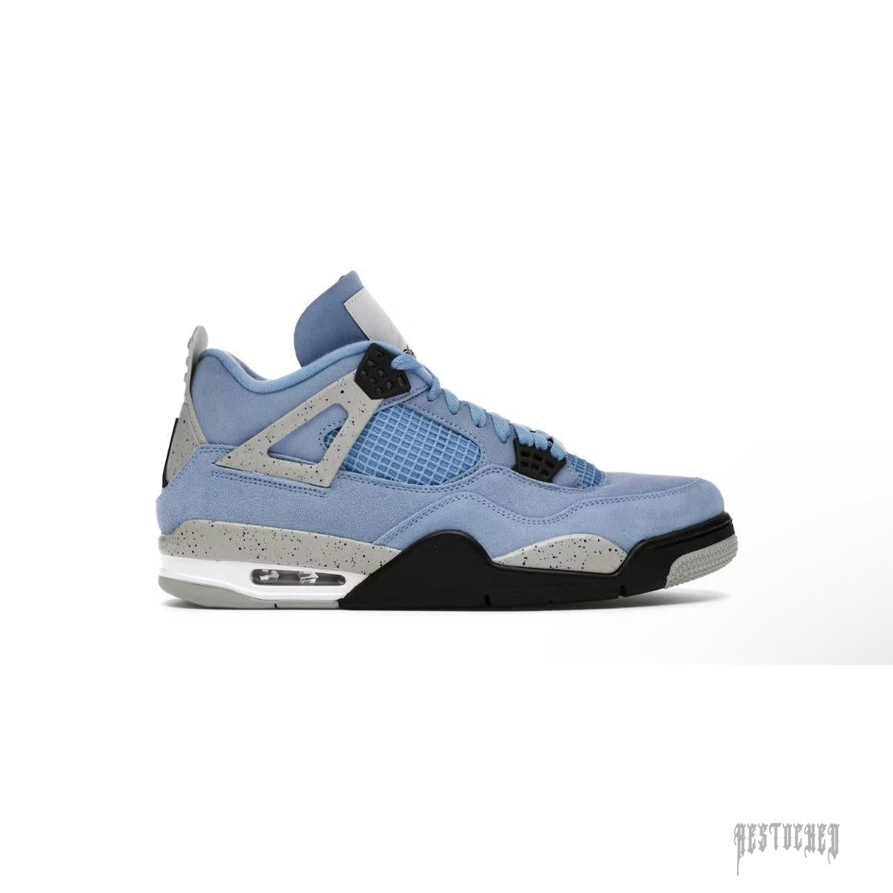 JORDAN 4 RETRO UNIVERSITY BLUE sneaker, light blue suede with speckled grey accents, black sole, and visible air unit.
