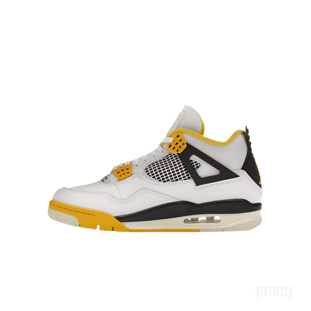 JORDAN 4 RETRO VIVID SULFUR women's sneaker, white leather with yellow and black accents, side view.