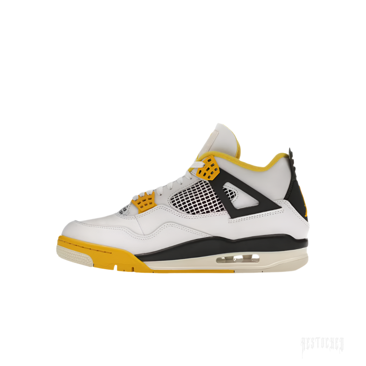 JORDAN 4 RETRO VIVID SULFUR women's sneaker, white leather with yellow and black accents, side view.