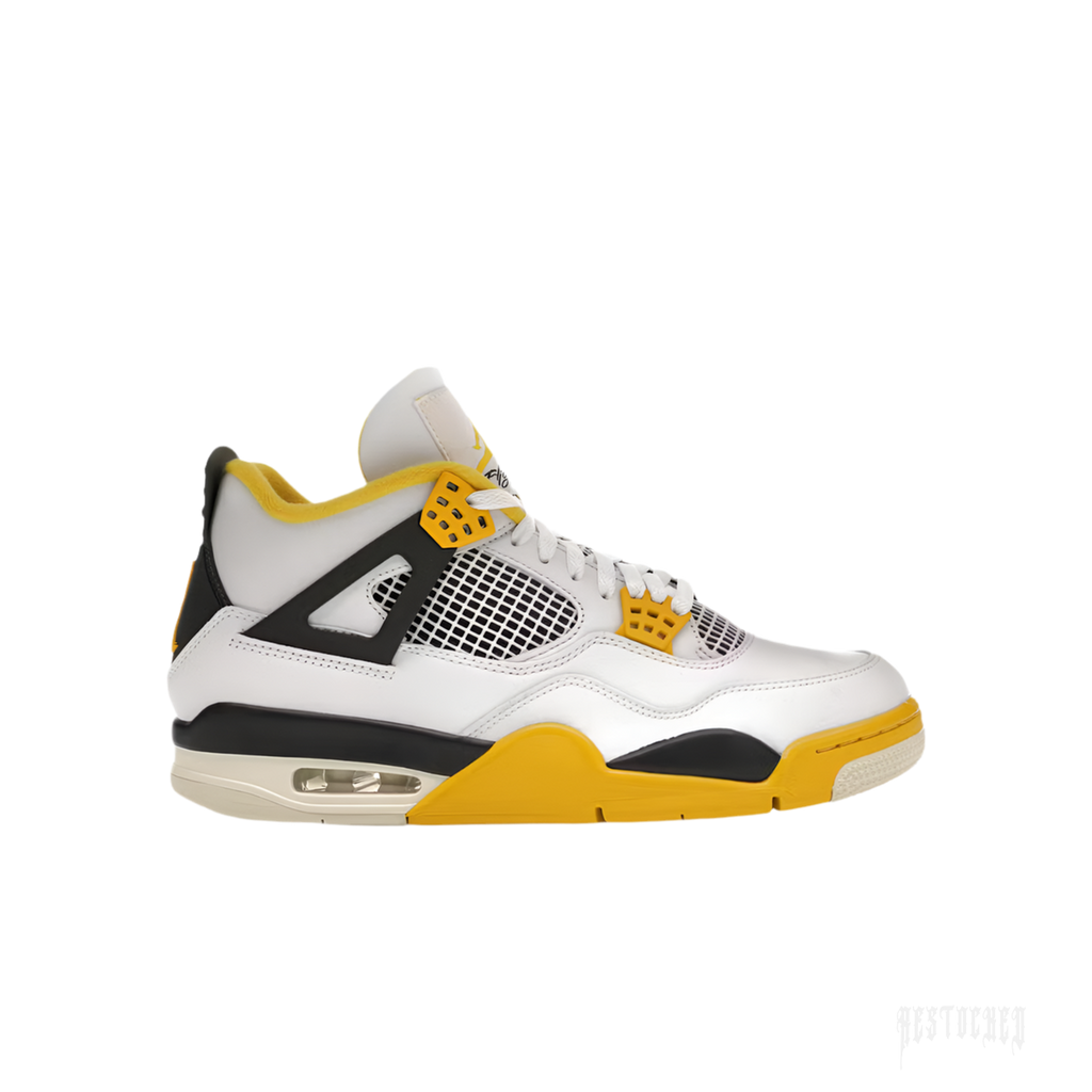 JORDAN 4 RETRO VIVID SULFUR women's sneaker, white leather with black and yellow accents.
