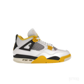 JORDAN 4 RETRO VIVID SULFUR women's sneaker, white leather with black and yellow accents.