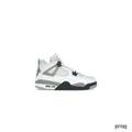 JORDAN 4 RETRO WHITE CEMENT (GS) sneaker with white leather, grey speckled accents, and black sole.