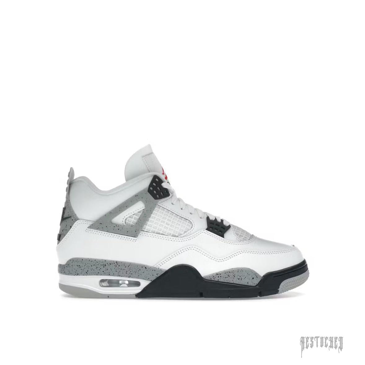 JORDAN 4 RETRO WHITE CEMENT sneaker, white leather upper with speckled grey and black accents.