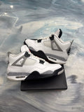 Pre-owned Jordan 4 Retro White Cement sneakers, size 9, with white leather, grey speckled accents, and black soles.