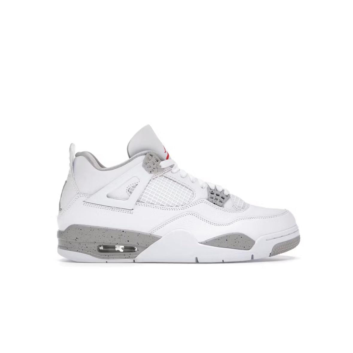 JORDAN 4 RETRO WHITE OREO (2021) sneaker, white leather upper, speckled grey midsole, red Jumpman logo.