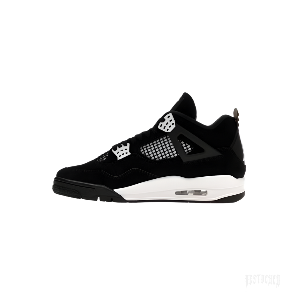 JORDAN 4 RETRO WHITE THUNDER sneaker, black suede upper with white mesh and midsole, visible air unit.