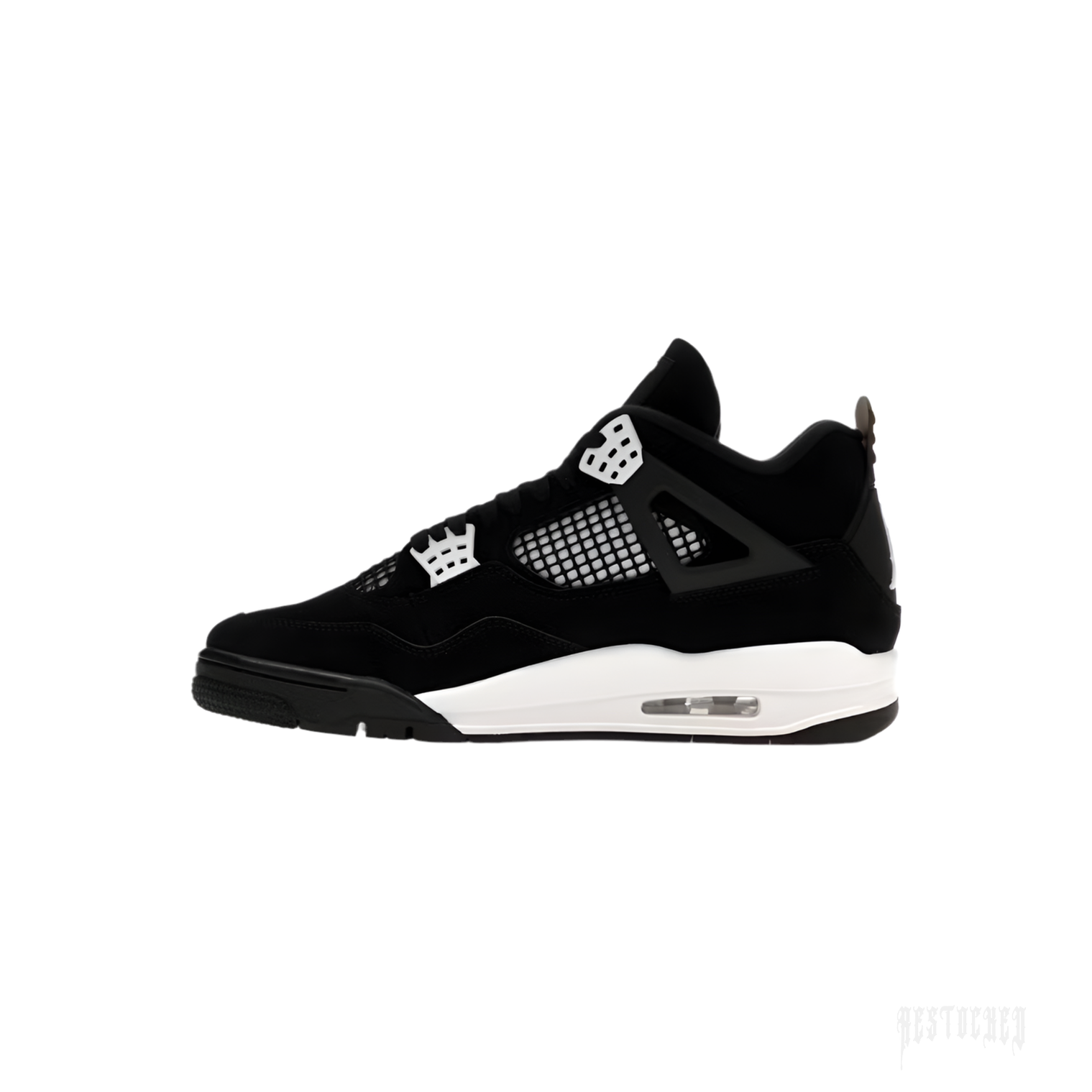 JORDAN 4 RETRO WHITE THUNDER sneaker, black suede upper with white mesh and midsole, visible air unit.