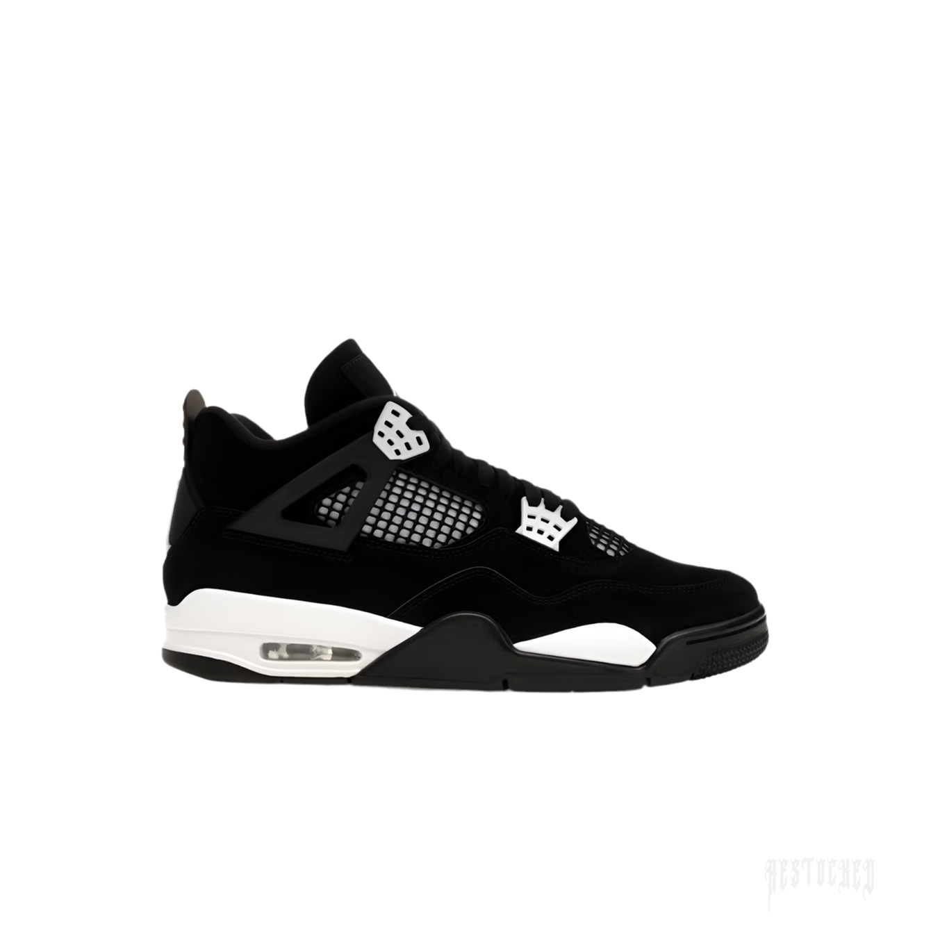 Jordan 4 Retro White Thunder sneaker in black suede with white accents and visible air unit.