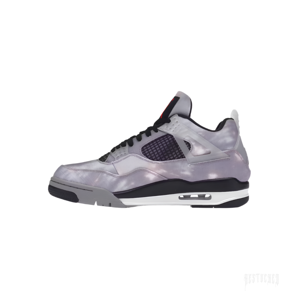 JORDAN 4 RETRO ZEN MASTER sneaker with a grey cloud-like upper, black mesh, and red Jumpman logo.
