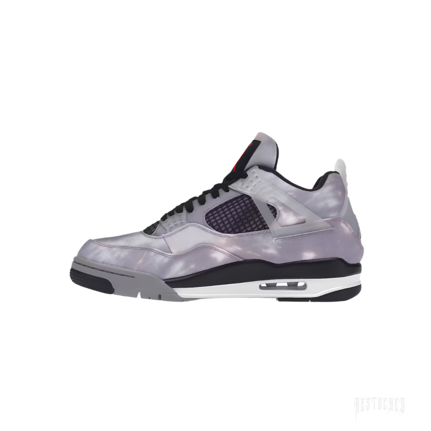 JORDAN 4 RETRO ZEN MASTER sneaker with a grey cloud-like upper, black mesh, and red Jumpman logo.