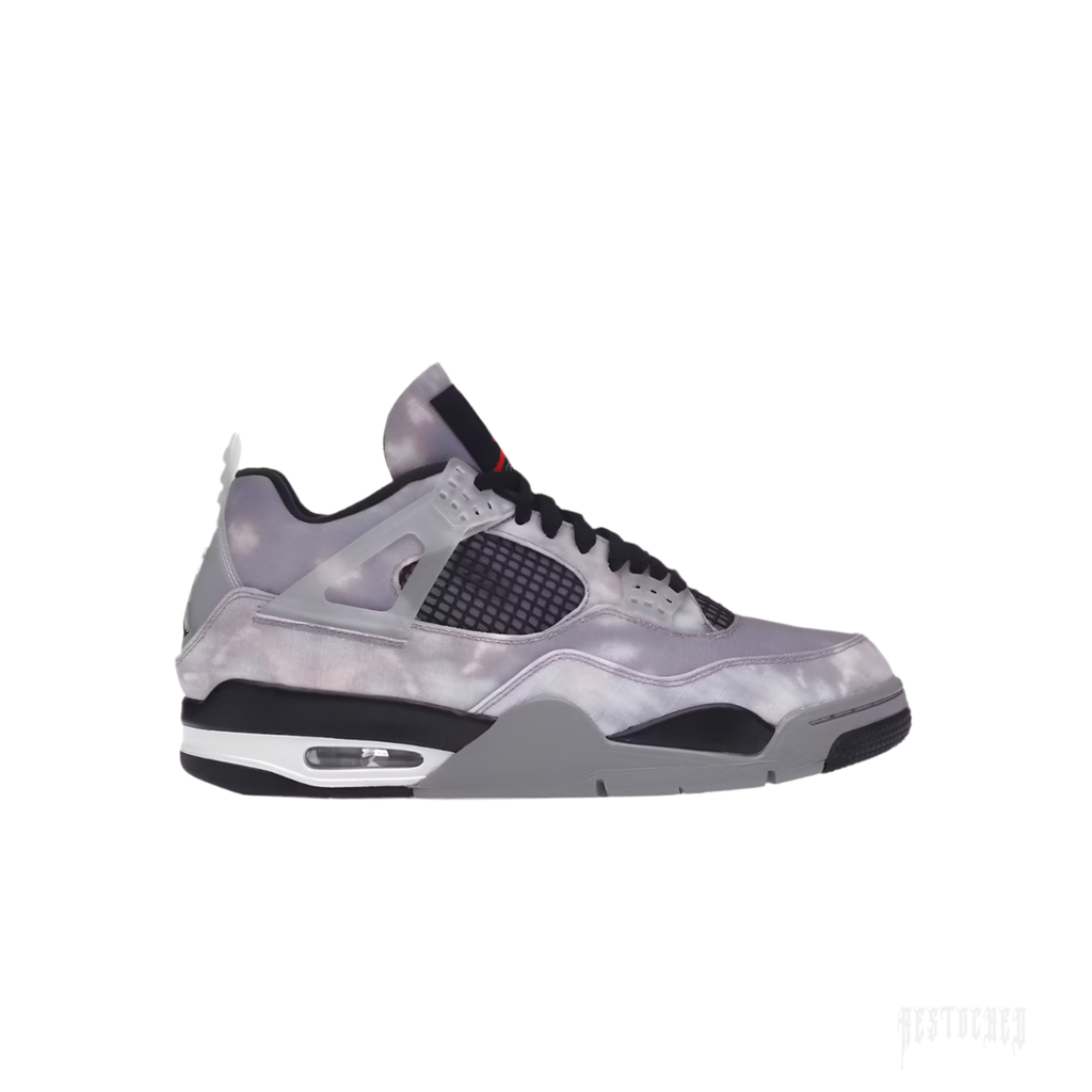 JORDAN 4 RETRO ZEN MASTER sneaker with a grey cloud-like upper, black mesh, and red Jumpman logo.
