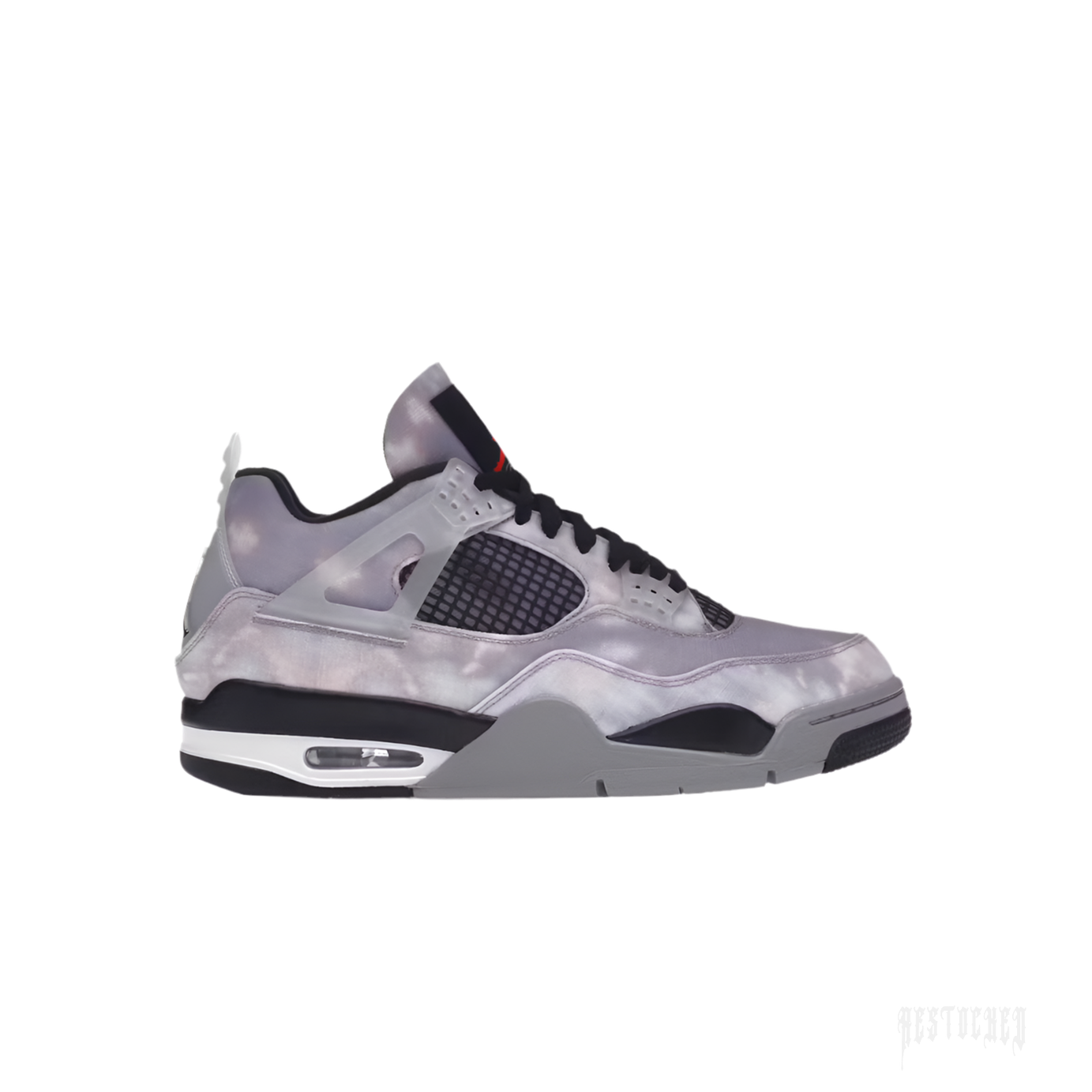 JORDAN 4 RETRO ZEN MASTER sneaker with a grey cloud-like upper, black mesh, and red Jumpman logo.